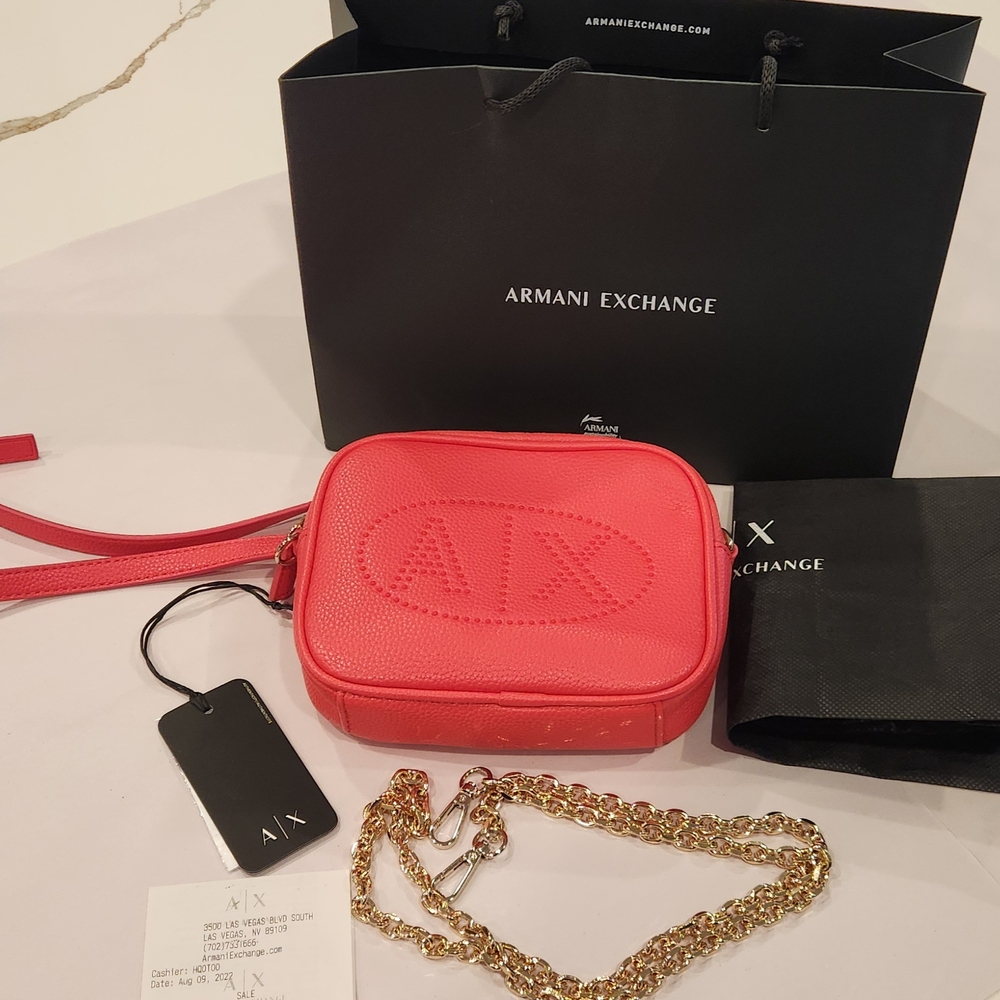 Armani Exchange Pink Leather Crossbody Bag with Gold Chain